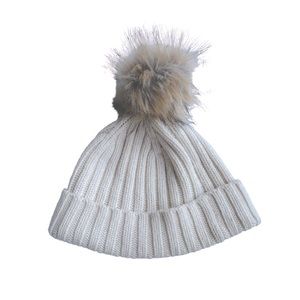 J.CREW RIBBED BEANIE HAT WITH FAUX FUR POMPOM